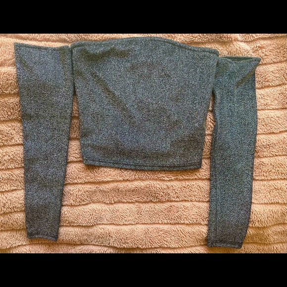 Silver Sequin Style Crop Top-Cut Shoulder Sleeves - Picture 4 of 4